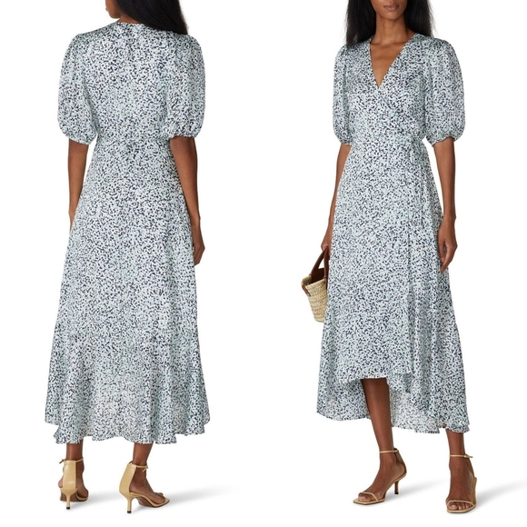 Club Monaco High-Low Easy Midi Wrap Dress in Abstract Polka Dot Print, Size 10 - Picture 2 of 16